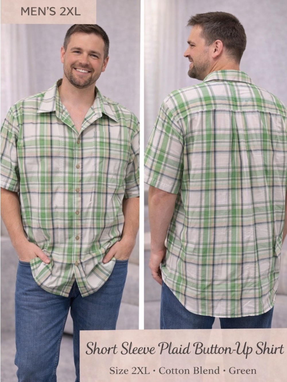 KINGSIZE Short-Sleeve Plaid Button-Up Shirt - Green 2XL